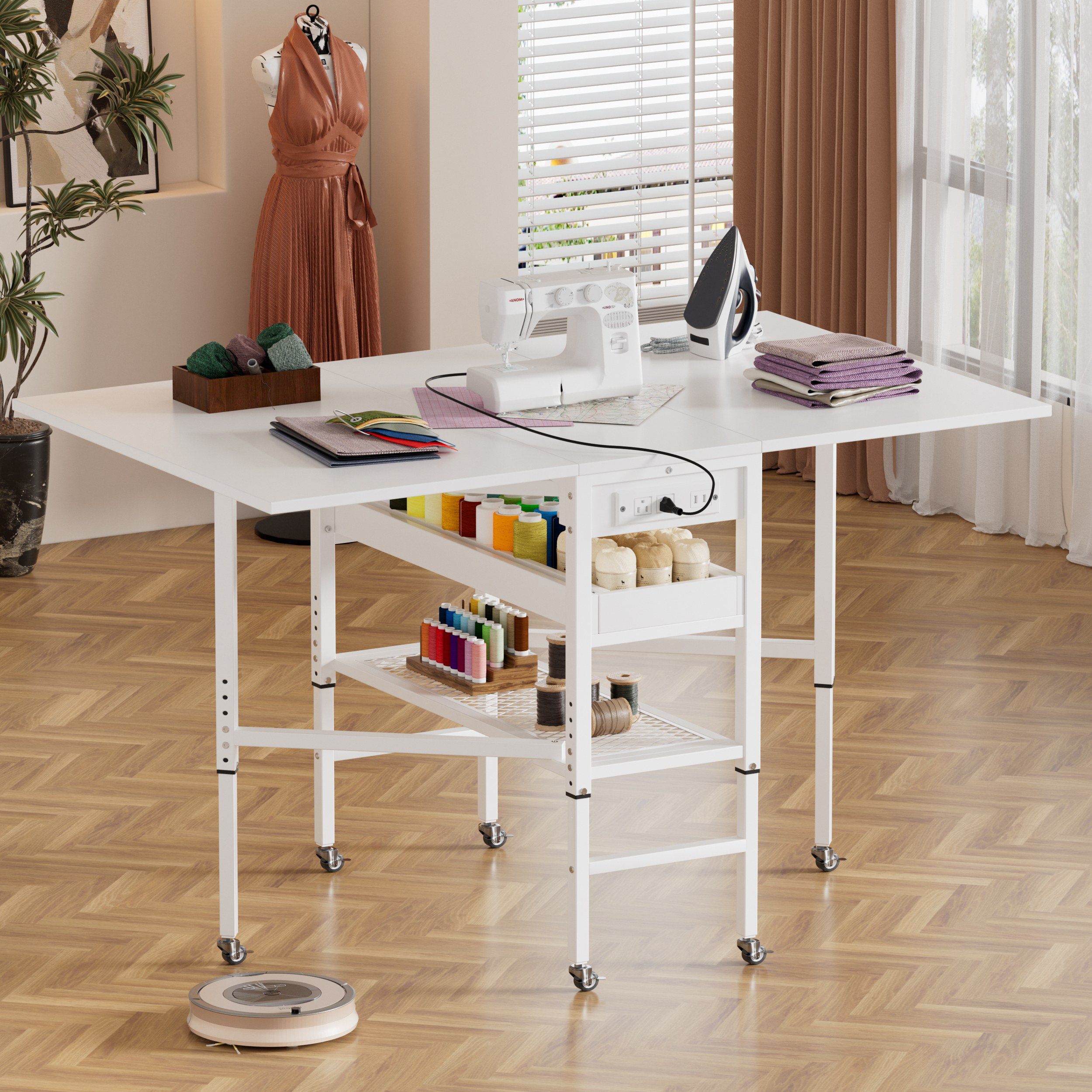 HTOCINQ Height Adjustable Foldable Craft Table With Wheels,sewing